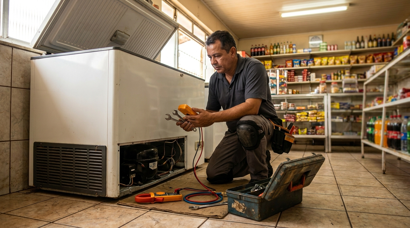 Técnico realizando manutenção de motor de freezer nos Bairro dos Lopes, Limeira‑SP