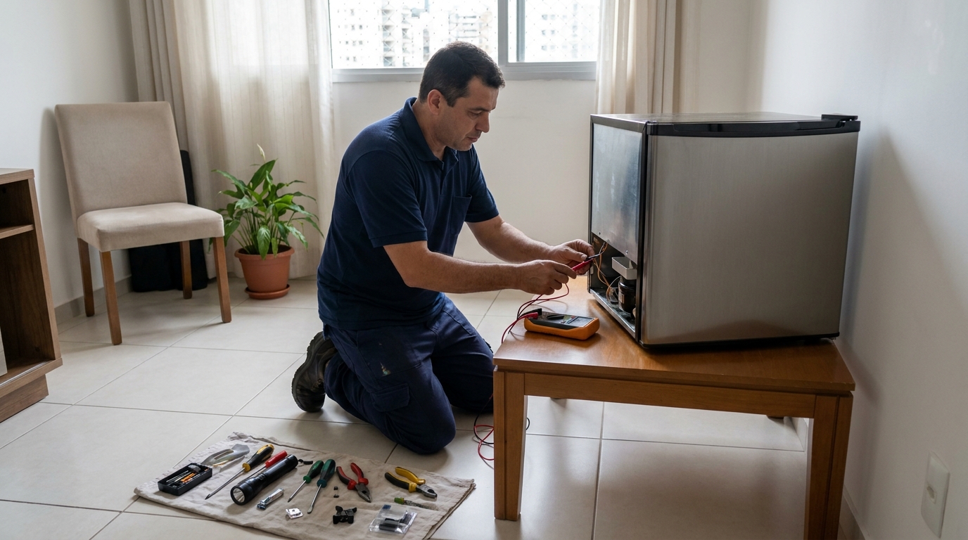 Técnico realizando manutenção de motor de frigobar no Jardim Alvorada, Limeira‑SP