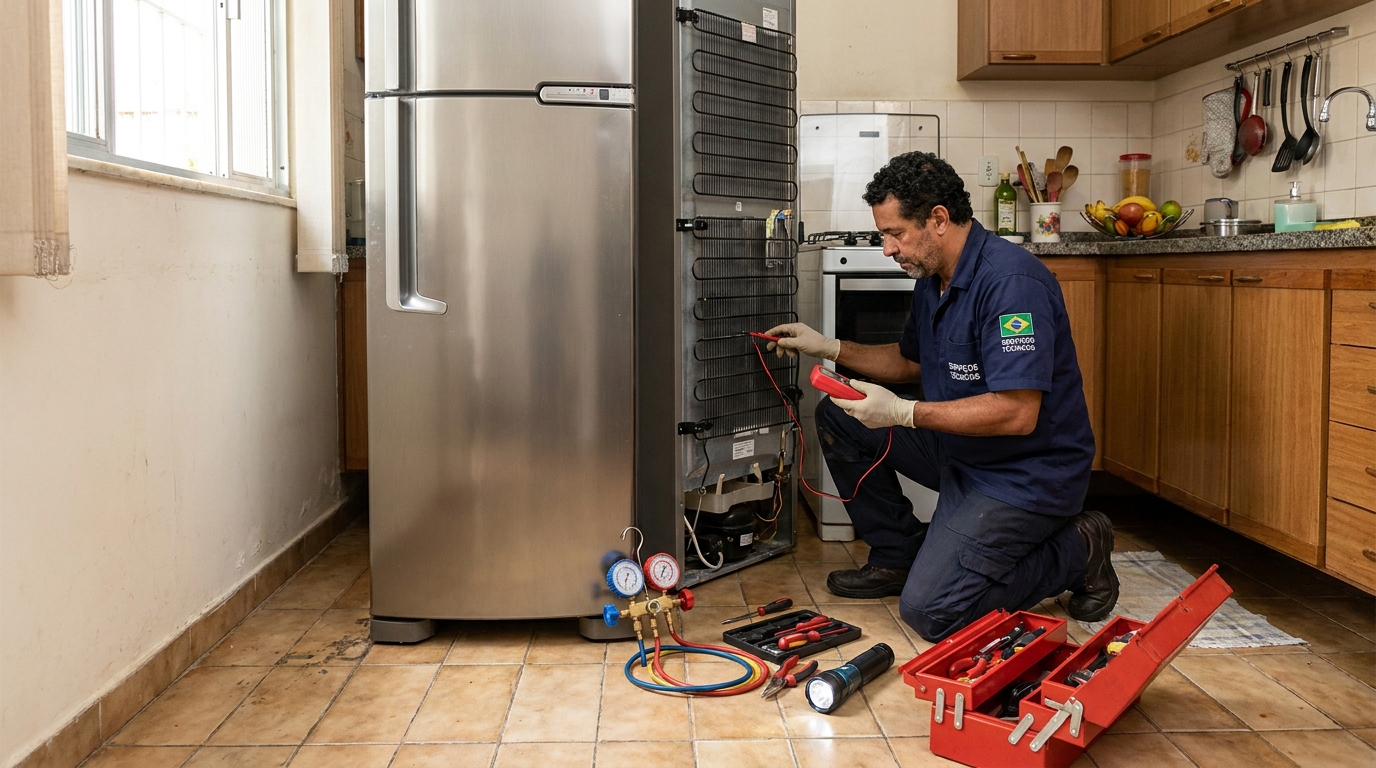 Técnico realizando manutenção de motor de geladeira na Chácara Boa Vista, Limeira‑SP