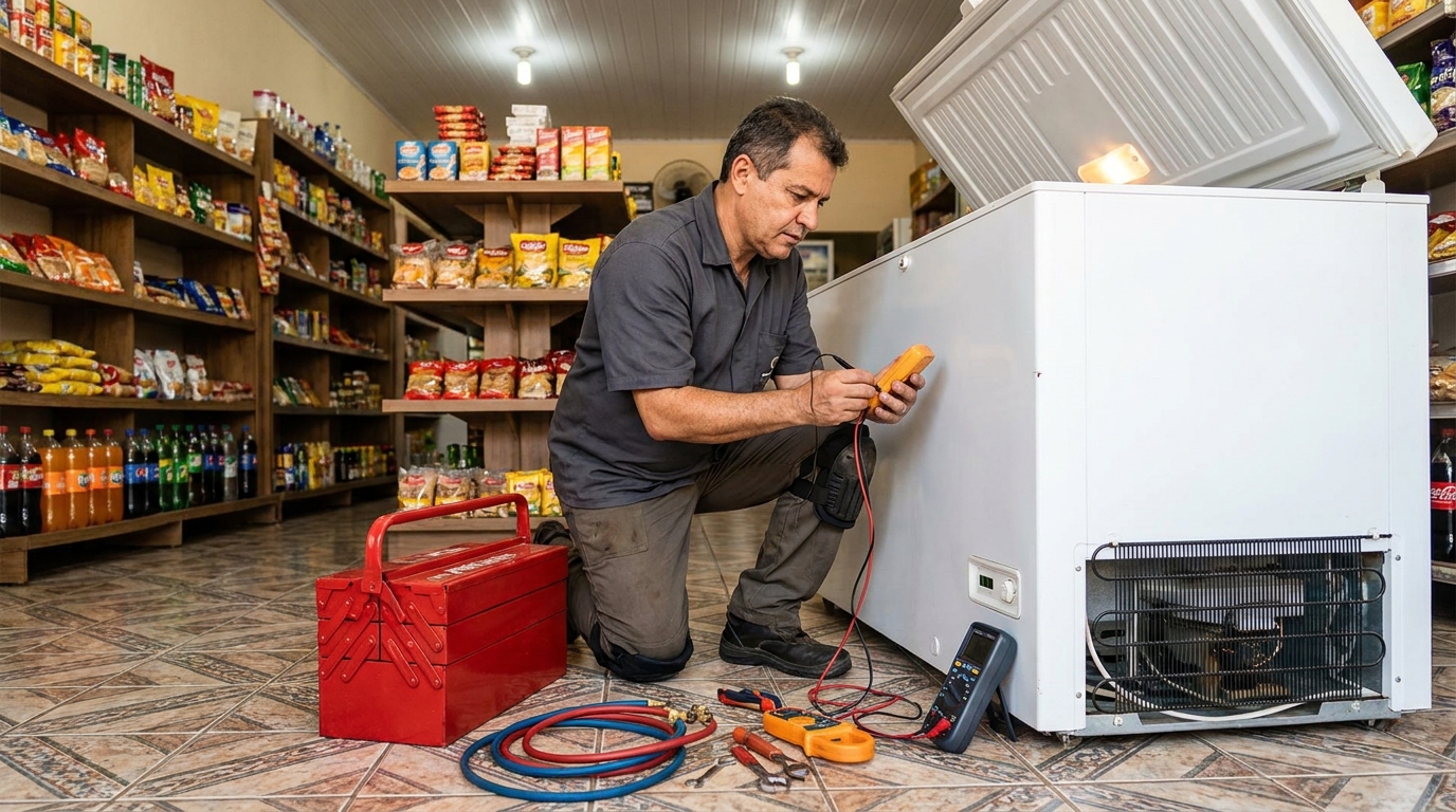 Recarga de gás refrigerante em freezer em atendimento nos Bairro dos Lopes, Limeira‑SP