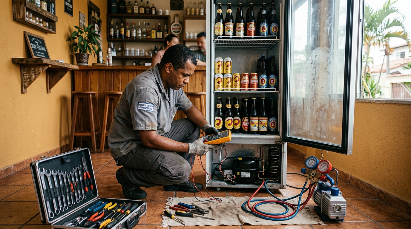 Troca de termostato de cervejeira em atendimento técnico no Centro, Limeira‑SP