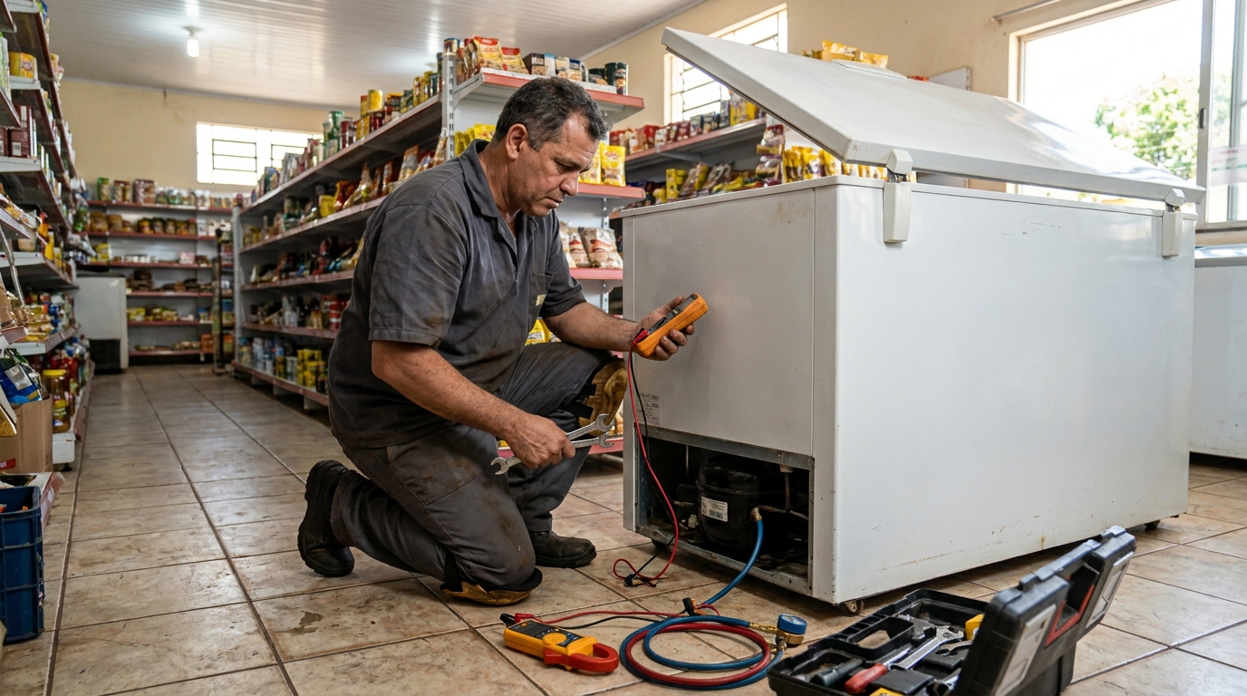 Troca de termostato de freezer em atendimento técnico nos Bairro dos Lopes, Limeira‑SP